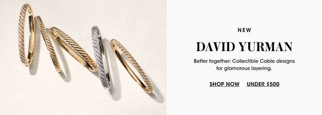 1 photo, of 5 David Yurman Cable bracelets on a plain cream background, 4 in yellow gold and one in silver.